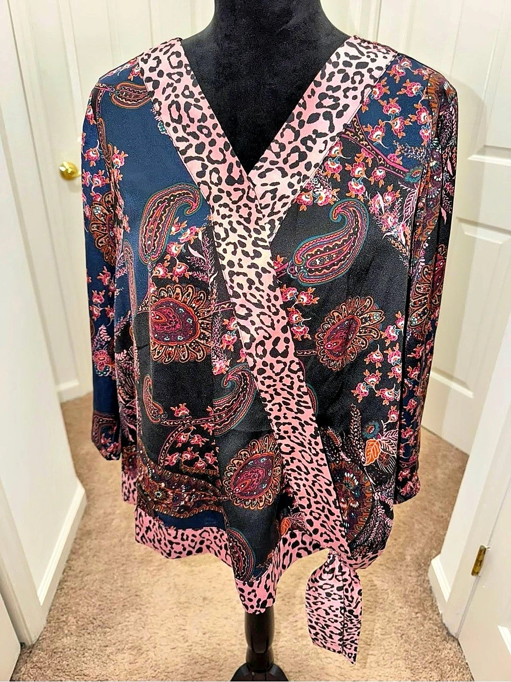 Dressbarn Paisley and Leopard Print Wrap Blouse Black & Pink